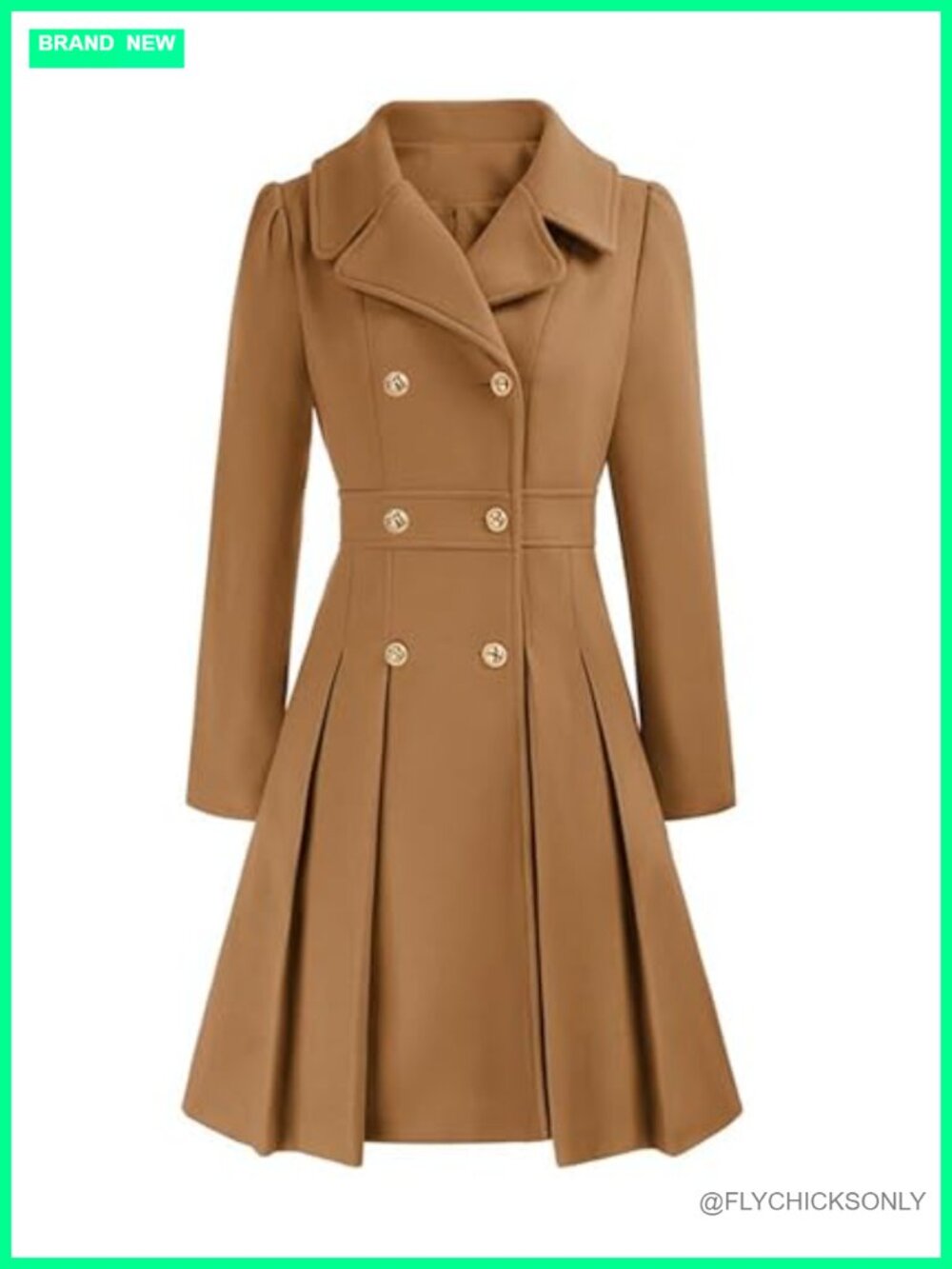 Wool Blend Double Breasted Pea Coat Pleated Flared Midi Trench